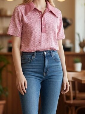 Vintage Spire California Pink Geometric Knit Polo Top Medium